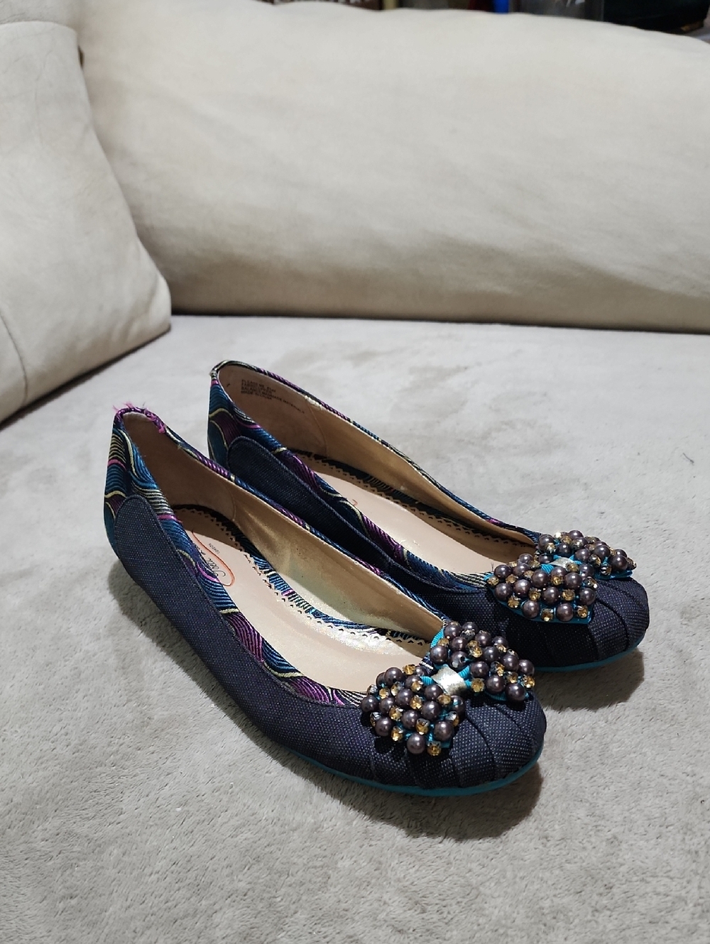 Poetic License Navy Ballet Flats with Iridescent Beaded Bow